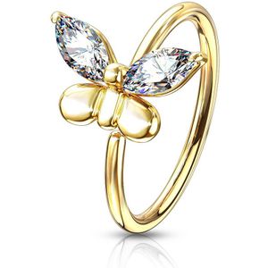 Neus ring met vlinder en vleugels van heldere kristallen – Goud