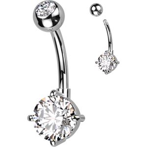 Navelpiercing van Titanium met groot Rond Kristal - Zilver - Helder