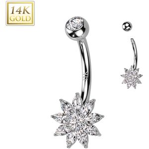 14 Karaats Gouden navelpiercing met markies geslepen kristallen bloem - Witgoud