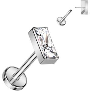Threadless Labret Stud van Titanium met Rechthoekig Kristal - Zilver