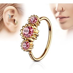 Rosé gouden piercing ring met drie roze ronde diamantjes