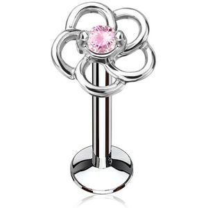 Labret met bloem top en gekleurd kristal - 8 mm - chirurgisch staal - roze