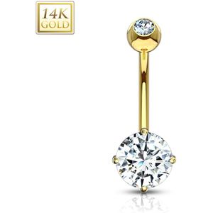 14Kt. gouden navelpiercing met rond gekleurd kristal – Geel Goud – Helder - 8 mm