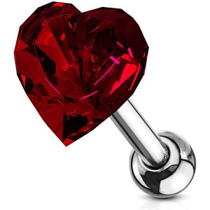 Kraakbeen oor stud met gekleurd kristallen hart – rood