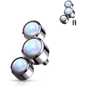 Intern geschroefde piercing top met drie ronde opaal steentje - 1.6 mm – Opaal Wit
