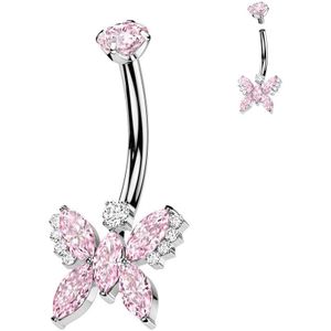 Intern Geschroefde Titanium Navelpiercing met Grote Vlinder van Markies Geslepen Steentjes - Zilver - Roze