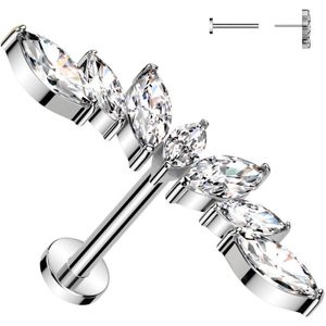 Threadless Titanium Labret met Wijde Waaier Top met Markies Geslepen Steentjes - Zilver - 1.0 mm - Helder