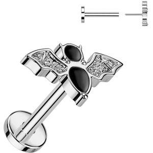 Threadless Titanium Labrets met zwarte Vleermuis top – 1.0 mm – Zilver