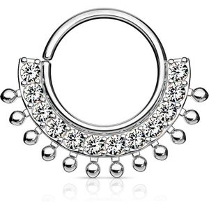 Piercing ring met waaier van heldere kristallen en kralen – Zilver