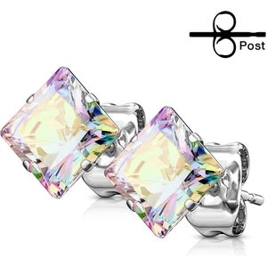 Set oorknopjes met gekleurd vierkant kristal - 5 mm - regenboog
