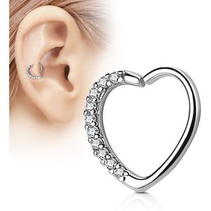 Piercing ring met hartvorm en heldere kristallen - Links