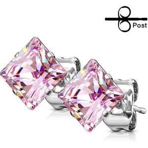 Set oorknopjes met gekleurd vierkant kristal - 7 mm - roze