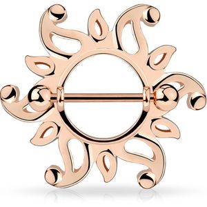 Sierlijke sunburst tepel schild piercing - rosé goud verguld