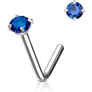 Stalen neus stud met rond blauw kristal - 0.8 mm