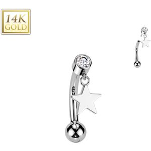 Threadless 14Kt Gouden Wenkbrauw Piercing met Rond Steentje en Hangend Sterretje - Wit Goud
