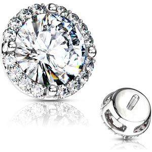 Ronde dermal top met prong set crystal met kleine kristallen - Zilver