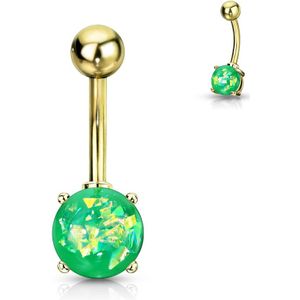 Vergulde navelpiercing met vrijstaand glitter opaal balletje - Groen
