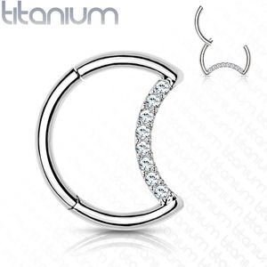 Titanium halve maan piercing ring met vast segment en kristallen – Zilver