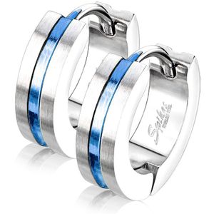 Paar geborsteld zilveren oorbellen met gekleurde streep – Blauw