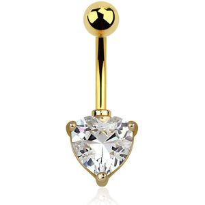 Gekleurde navelpiercing met prong set helder hart kristal – 10 mm – Goud