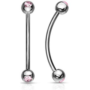 Multifunctionele stalen gebogen barbell piercing met balletjes– 12 mm – Zilver – Roze