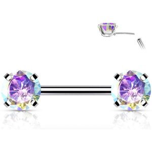 Threadless Tepelpiercing met opvallende ronde steentjes - Zilver - Aurora Borealis