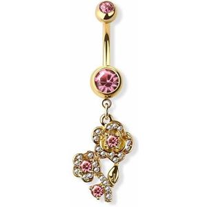 Navelpiercing met Kristallen Rozen hanger - Goud