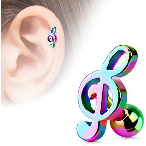 Gekleurde oor piercing in de vorm van muziek sleutel - Regenboog