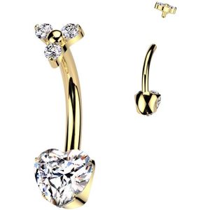 Intern Geschroefde Titanium Navelpiercing met Drietal Steentjes en Balletjescenter en Harten Steen - Goud