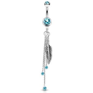 Lange Navelpiercing met Ketting en Veren hanger - Aqua