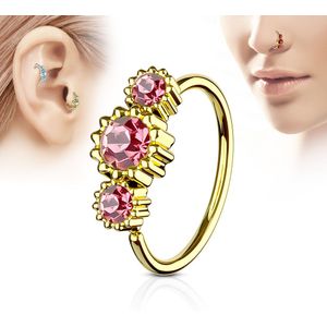 Gouden piercing ring met drie roze ronde diamantjes