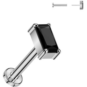 Threadless Titanium Labret met Rechthoekig Steentje - Zilver - 1.2 mm - Zwart