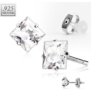 Paar .925 sterling zilveren oor studs met vierkanten kristal – 9 mm – Helder
