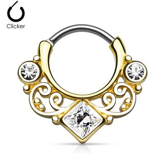 Gouden gekleurde septum ring met drie heldere diamanten