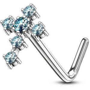 Gekleurde neus stud piercing met gekleurde kristallen kruis – Zilver – Aqua