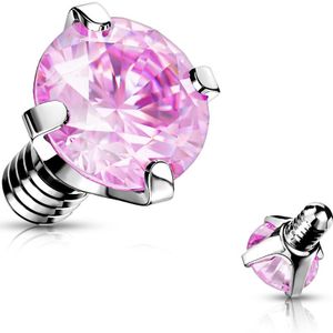 Intern geschroefde piercing top met gekleurd prong set kristal - 1.2 mm – Roze – 3 mm
