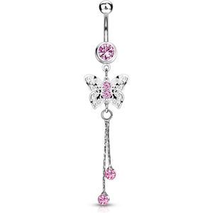 Navelpiercing met lange kettinghanger en glinsterende Vlinder - Roze