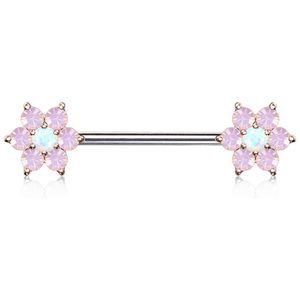 Tepel barbell met gekleurde kristallen bloem en opalite steen - Rosé Goud - Opaal Wit