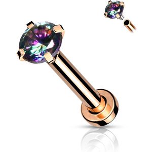 Gekleurde Intern geschroefde labret met prong set kristal - 1.2 mm - 8 mm - 3 mm- Rosé Goud/Vitrail Medium