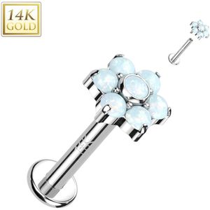 Intern Geschroefde 14kt. Gouden Labret met (Opaal) Stenen Bloem Top - Wit Goud - 8 mm - Wit