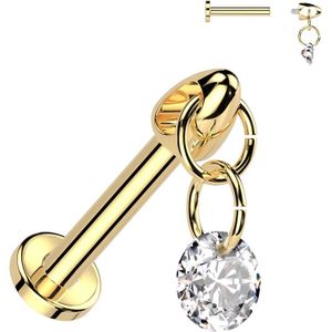 Intern Geschroefde Titanium Labret met Rond Kristallen hangertje - Goud - 8 mm