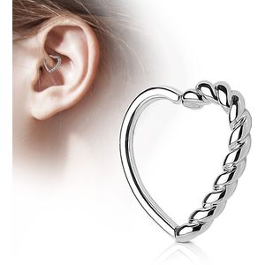 Zilveren piercing ring in hartvorm met een gevlochten helft