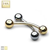 14Kt. gouden gebogen barbell met balletjes - 1.6 mm – 10 mm - 4 mm