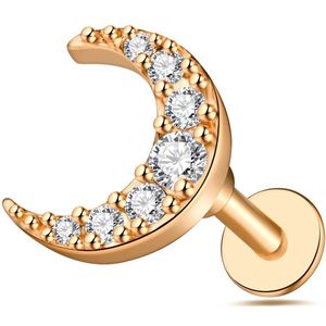 Intern geschroefde labret met heldere kristallen op halve maan - Rosé Goud