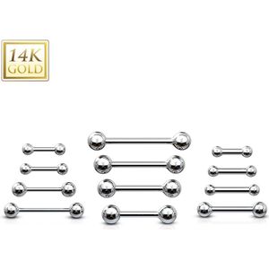 14 kt. gouden rechte barbell piercing met balletjes - 1.6 mm - 8 mm - 3 mm - Wit Goud