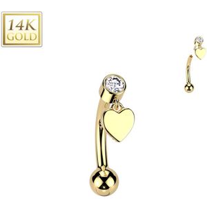 Threadless 14Kt Gouden Wenkbrauw Piercing met Rond Steentje en Hangend Hartje - Goud