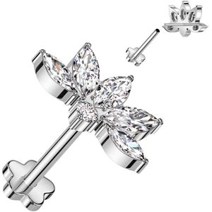 Threadless Labret van Titanium met Lotus Bloem top en Bloemvormige basis - Zilver - Helder
