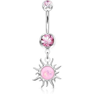 Navelpiercing met opaalsteen in tribal zon hangertje – Roze