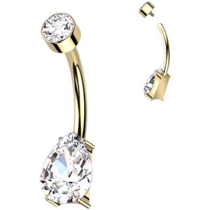 Intern geschroefde titanum navelpiercing met Prong Set peervormig steentje - Goud - 10 mm - Helder