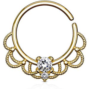 Gouden piercing ring met filigraan en heldere edelsteentjes